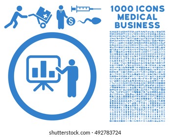Bar Chart Presentation icon with 1000 medical commerce cobalt vector design elements. Design style is flat symbols, white background.