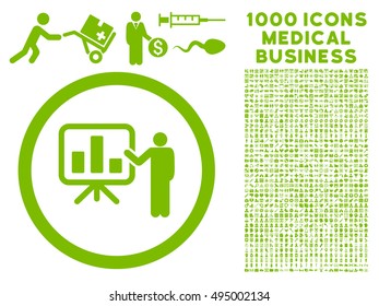 Bar Chart Presentation icon with 1000 medical business eco green vector design elements. Set style is flat symbols, white background.