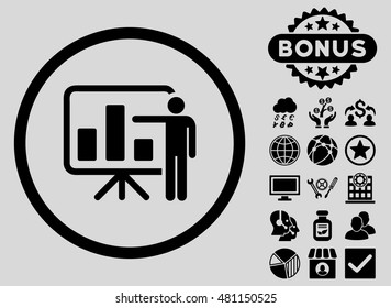 Bar Chart Presentation icon with bonus. Vector illustration style is flat iconic symbols, black color, light gray background.