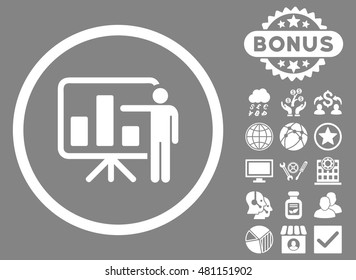Bar Chart Presentation icon with bonus. Vector illustration style is flat iconic symbols, white color, gray background.