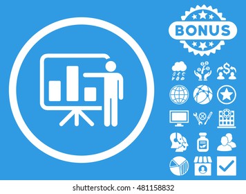 Bar Chart Presentation icon with bonus. Vector illustration style is flat iconic symbols, white color, blue background.