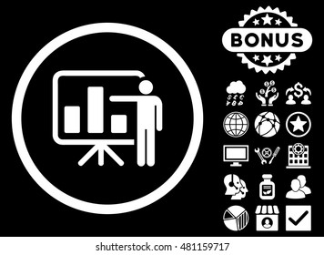 Bar Chart Presentation icon with bonus. Vector illustration style is flat iconic symbols, white color, black background.