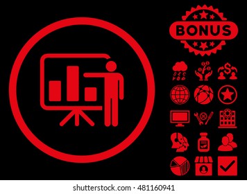 Bar Chart Presentation icon with bonus. Vector illustration style is flat iconic symbols, red color, black background.