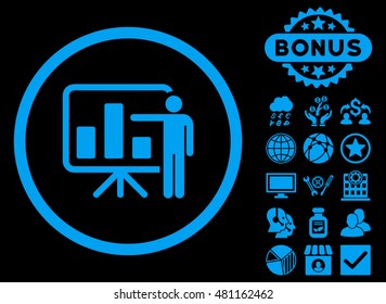 Bar Chart Presentation icon with bonus. Vector illustration style is flat iconic symbols, blue color, black background.