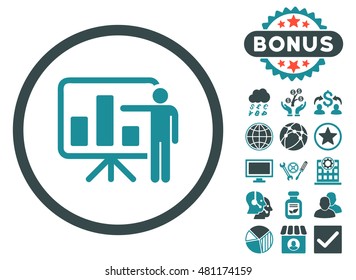 Bar Chart Presentation icon with bonus. Vector illustration style is flat iconic bicolor symbols, soft blue colors, white background.