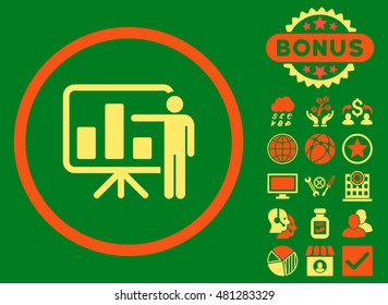 Bar Chart Presentation icon with bonus. Vector illustration style is flat iconic bicolor symbols, orange and yellow colors, green background.