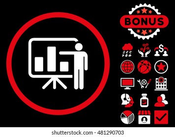 Bar Chart Presentation icon with bonus. Vector illustration style is flat iconic bicolor symbols, red and white colors, black background.