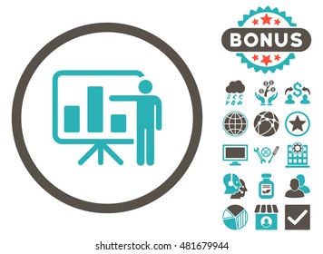 Bar Chart Presentation icon with bonus. Vector illustration style is flat iconic bicolor symbols, grey and cyan colors, white background.