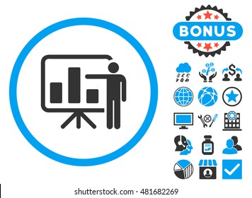 Bar Chart Presentation icon with bonus. Vector illustration style is flat iconic bicolor symbols, blue and gray colors, white background.