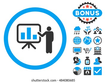 Bar Chart Presentation icon with bonus design elements. Vector illustration style is flat iconic bicolor symbols, blue and gray colors, white background.