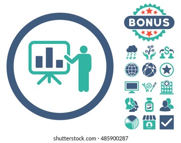 Bar Chart Presentation icon with bonus elements. Vector illustration style is flat iconic bicolor symbols, cobalt and cyan colors, white background.