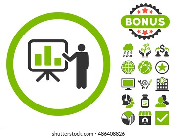 Bar Chart Presentation icon with bonus elements. Vector illustration style is flat iconic bicolor symbols, eco green and gray colors, white background.
