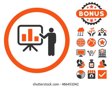 Bar Chart Presentation icon with bonus symbols. Vector illustration style is flat iconic bicolor symbols, orange and gray colors, white background.