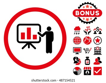 Bar Chart Presentation icon with bonus pictogram. Vector illustration style is flat iconic bicolor symbols, intensive red and black colors, white background.