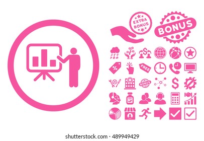 Bar Chart Presentation icon with bonus elements. Vector illustration style is flat iconic symbols, pink color, white background.