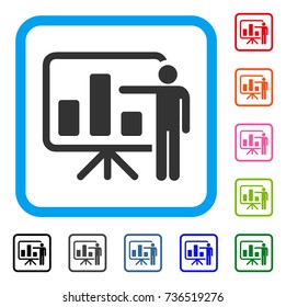 Bar Chart Presentation icon. Flat grey pictogram symbol inside a light blue rounded frame. Black, gray, green, blue, red, orange color additional versions of Bar Chart Presentation vector.