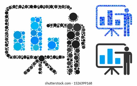 Bar chart presentation mosaic for bar chart presentation icon of filled circles in different sizes and color hues. Vector filled circles are grouped into blue mosaic.