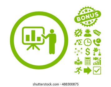 Bar Chart Presentation pictograph with bonus symbols. Vector illustration style is flat iconic symbols, eco green color, white background.