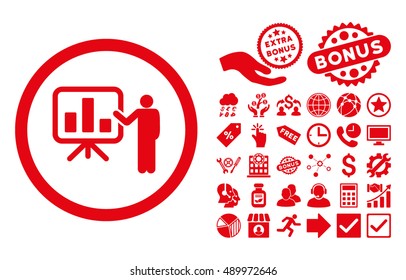 Bar Chart Presentation pictograph with bonus elements. Vector illustration style is flat iconic symbols, red color, white background.