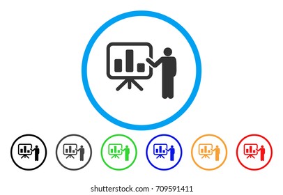 Bar Chart Presentation rounded icon. Vector illustration style is a grey flat iconic bar chart presentation symbol inside a circle. Additional color variants are black, grey, green, blue, red, orange.