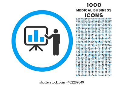 Bar Chart Presentation rounded vector bicolor icon with 1000 medical business icons. Set style is flat pictograms, blue and gray colors, white background.