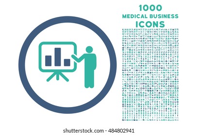 Bar Chart Presentation rounded vector bicolor icon with 1000 medical business icons. Set style is flat pictograms, cobalt and cyan colors, white background.