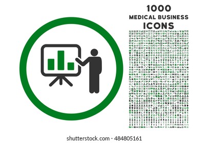 Bar Chart Presentation rounded vector bicolor icon with 1000 medical business icons. Set style is flat pictograms, green and gray colors, white background.
