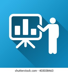 Bar Chart Presentation vector toolbar icon for software design. Style is a white symbol on a square blue background with gradient long shadow.
