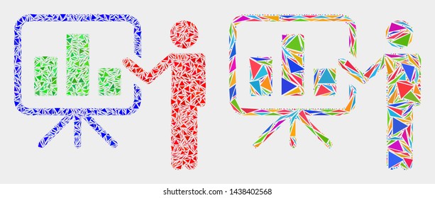 Bar chart public report mosaic icon of triangle items which have different sizes and shapes and colors. Geometric abstract vector design concept of bar chart public report.