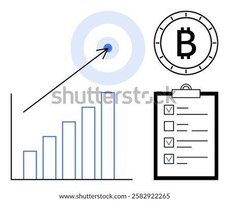 Bar chart reaching upward, arrow hitting target, Bitcoin symbol, checklist clipboard with checkmarks. Ideal for business strategy, financial planning, cryptocurrency, goal setting, project