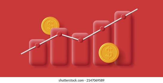 Bar chart red monochrome bars with increasing line with dollar coins