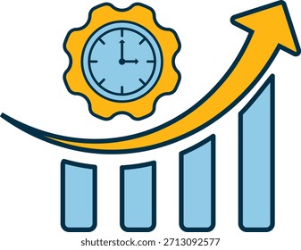 Gráfico de barras con columnas azules en ascenso y una flecha amarilla hacia arriba, coronado por un reloj en una marcha, que simboliza la productividad administrada por el tiempo, el crecimiento del rendimiento y la eficiencia empresarial