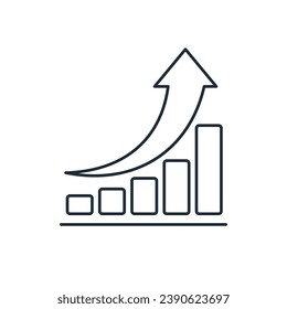 Gráfico de barras con tendencia exponencial creciente y dinámica negativa de flecha.  Icono de ilustración lineal vectorial aislado en fondo blanco.