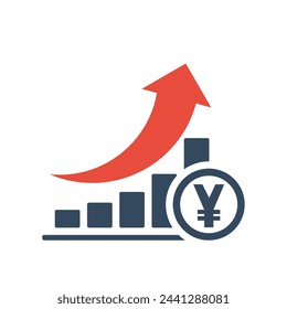 Gráfico de barras con tendencia exponencial ascendente y flecha roja. Yuan concepto dinámico negativo. Indicador de mercado positivo del yen.