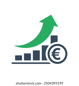 bar chart with rising exponential trend and green arrow, euro positive economic dynamic concept, european currency increase exchange rate indicator