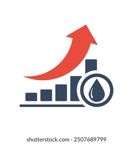 bar chart with rising exponential trend and red arrow, water price growth dynamic concept, oil reserves up trend