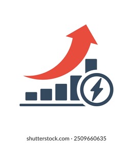 Gráfico de barras con tendencia exponencial creciente y flecha roja, concepto de tendencia de crecimiento del Precio eléctrico