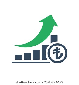 bar chart with rising exponential trend and green arrow, turkish lira positive economic dynamic concept, turkish currency increase exchange rate indicator