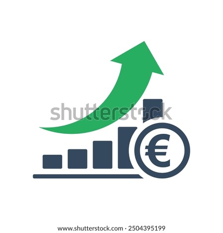 bar chart with rising exponential trend and green arrow, euro positive economic dynamic concept, european currency increase exchange rate indicator