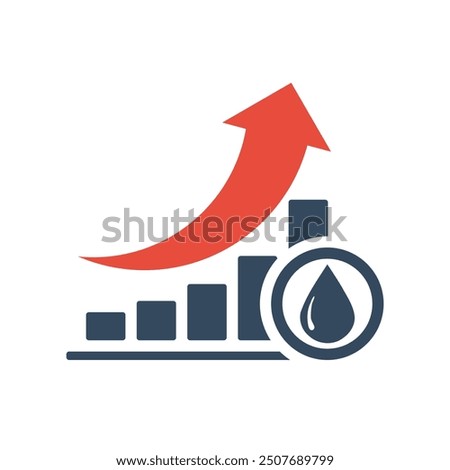 bar chart with rising exponential trend and red arrow, water price growth dynamic concept, oil reserves up trend