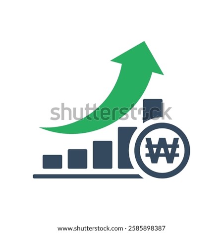 bar chart with rising exponential trend and green arrow, south korea won positive economic dynamic concept, south korean currency increase exchange rate indicator
