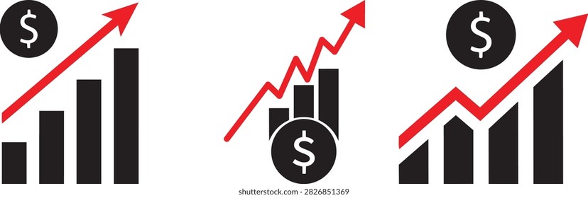 Bar chart with rising trend and red arrow, negative or positive dynamic concept, 3 different vector icon, market or economical indicators stock illustration png