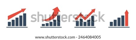 bar chart with rising trend and red arrow, negative or positive dynamic concept, 4 different vector icon, market or economical indicators