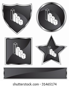 Bar Chart Set : Black satin and chrome buttons in star, shield, circle and square shapes.