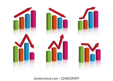 bar chart set. colorful vector 3d isometric illustration. with up and down arrows