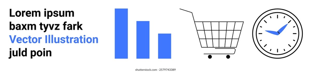 A bar chart, shopping cart, and clock surrounded by text highlight data analysis and e-commerce. Ideal for business strategy, marketing, time management, digital sales, online shopping. Banner