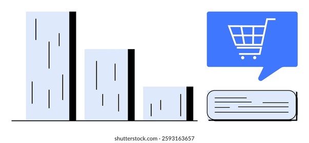 Bar chart showing data distribution, speech bubble with shopping cart icon above text form. Ideal for e-commerce analytics, business reports, marketing strategies, data visualization, online shopping