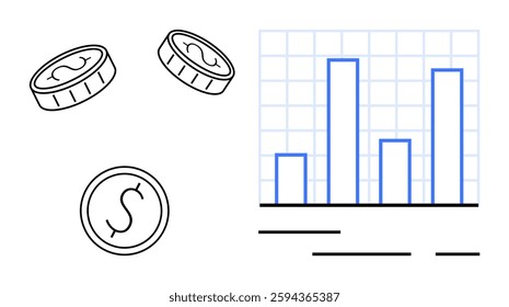 Bar chart showing data and three coins symbolizing financial success. Ideal for finance, investment, economic trends, business growth, data analysis, market research, financial reports. Banner