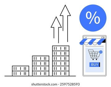 Bar chart showing growth with arrows pointing upwards, and a smartphone screen displaying an online shopping cart and a buy button. Ideal for economics growth, online shopping, e-commerce, business