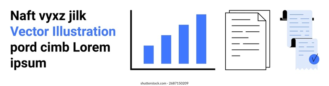 Bar chart showing growth, two types of documents including file folders and signed paper. Ideal for business reports, financial analysis, data presentation, academic research, office management